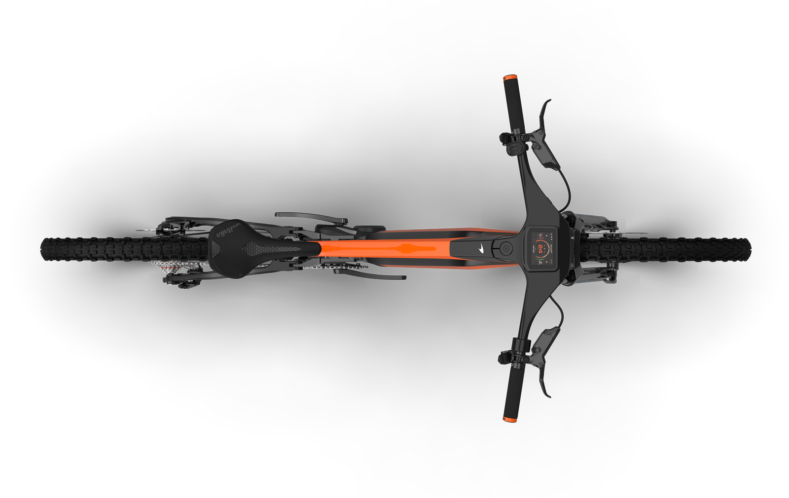 Overhead view of the McLaren Extreme 160mm front and 145mm rear suspension eMTB, clearly showing the usage of McLaren's core brand color of mango orange on the top tube and aluminum grip clamps.  