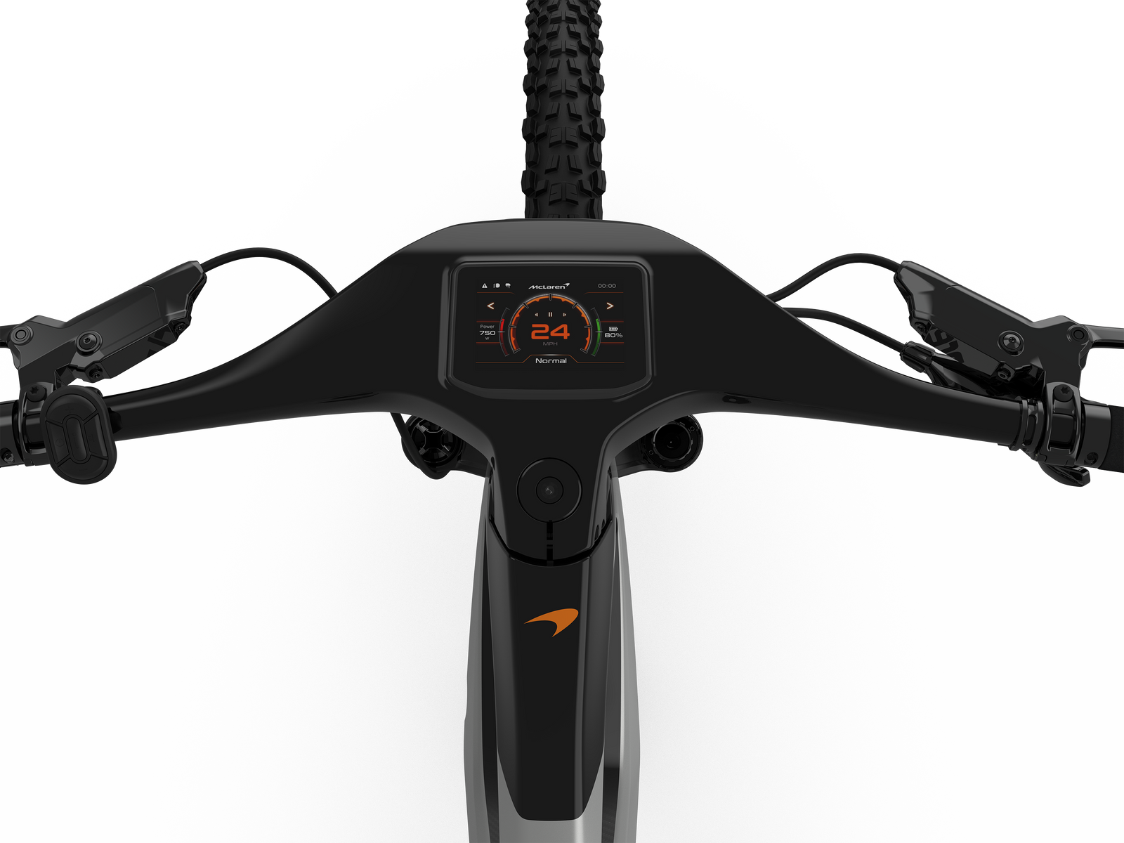 Overhead close-up view of the HD digital display unit on the 250w McLaren 29er hardtail e-MTB featuring a carbon frame wrapped in 3k carbon for a premium automobile-quality finish. 