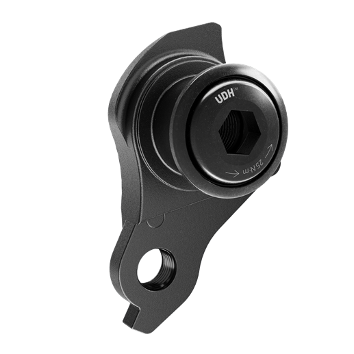 Three-quarter view of the McLaren e-mountain bike UDH derailleur hanger in matte black. 